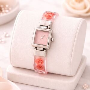 Avon 2004 Clear Coral Floral Cuff Watch Pink Dial Large NIB